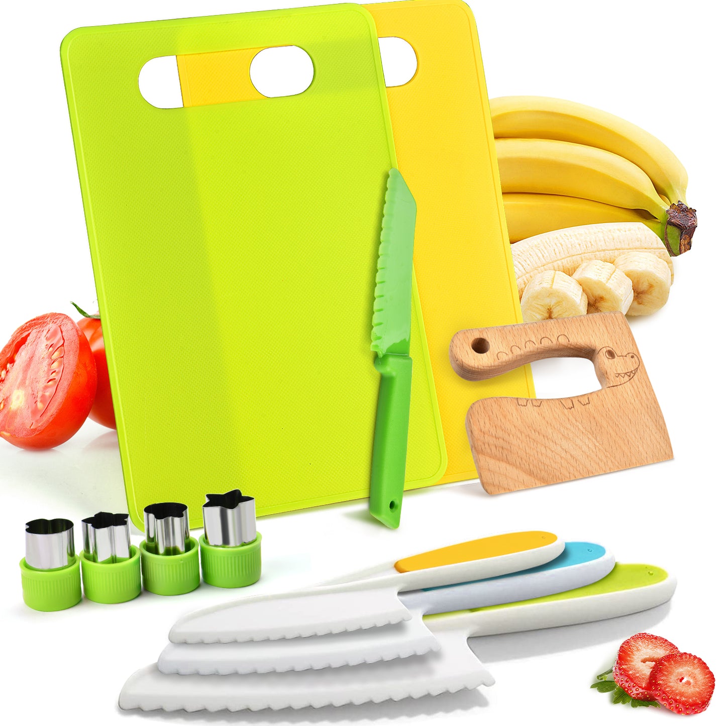 Yeeammk 11-Piece Montessori Kids Cooking Set – Safe Plastic Knives, Crinkle Cutter & Cutting Board