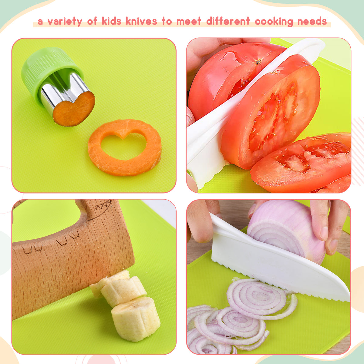 Yeeammk 11-Piece Montessori Kids Cooking Set – Safe Plastic Knives, Crinkle Cutter & Cutting Board