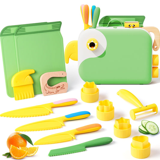 Toddler Cooking Set with Bird-Shaped Storage Box | 15-Piece Safe Montessori Kitchen Tools for Kids