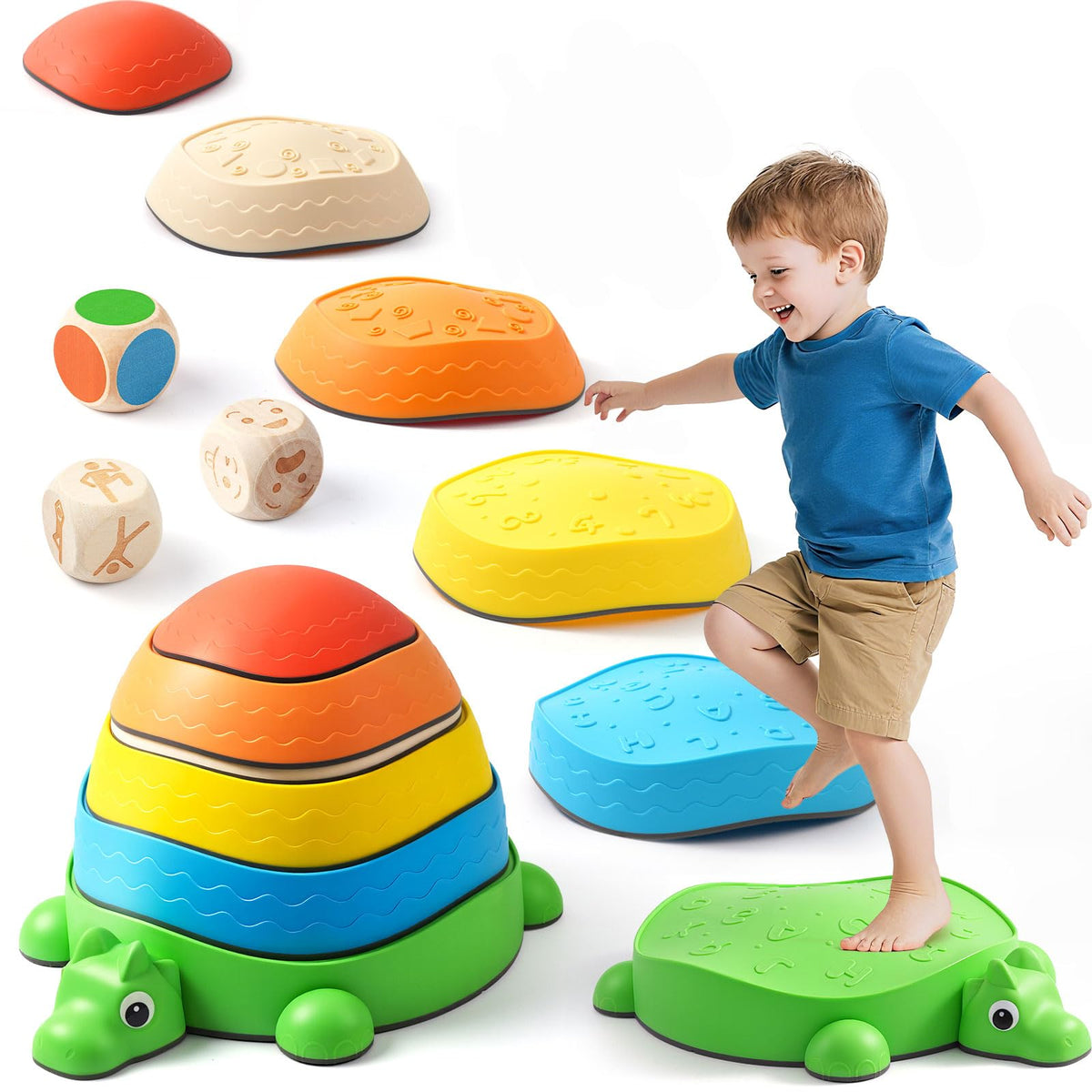 Interactive Dinosaur Stepping Stones for Kids | 6-Piece Balance Set with 3 Wooden Activity Dice (Emotion, Action, Color)