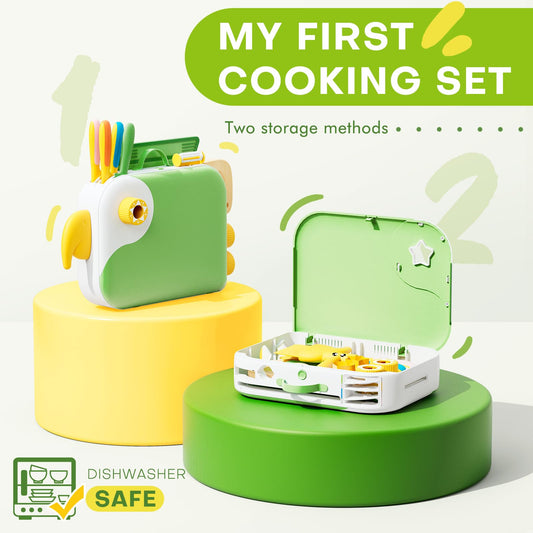 Toddler Cooking Set with Bird-Shaped Storage Box | 15-Piece Safe Montessori Kitchen Tools for Kids