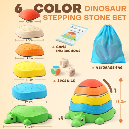 Interactive Dinosaur Stepping Stones for Kids | 6-Piece Balance Set with 3 Wooden Activity Dice (Emotion, Action, Color)