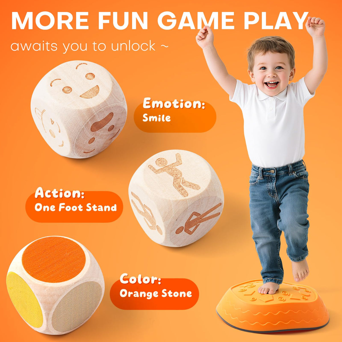 Interactive Dinosaur Stepping Stones for Kids | 6-Piece Balance Set with 3 Wooden Activity Dice (Emotion, Action, Color)