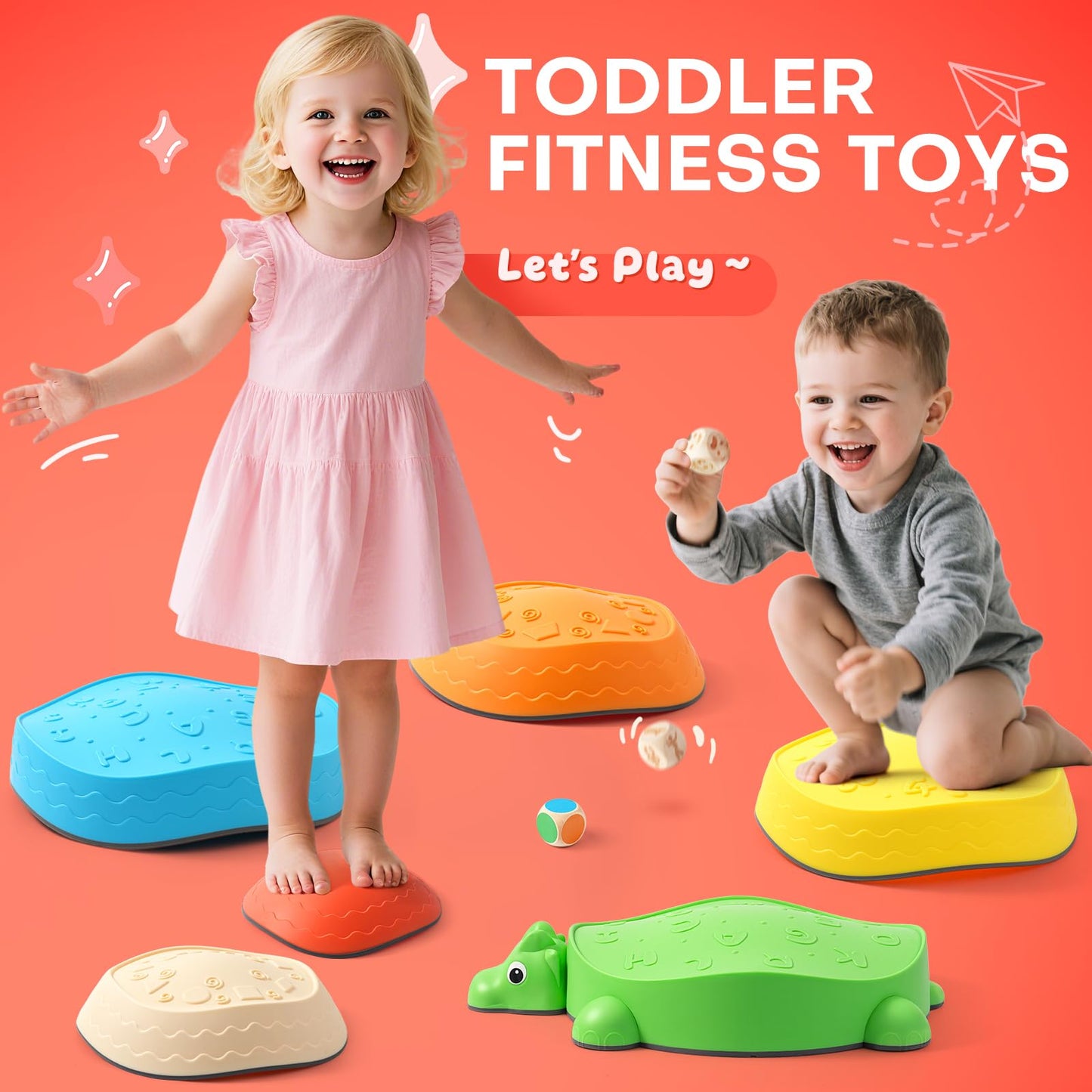 Interactive Dinosaur Stepping Stones for Kids | 6-Piece Balance Set with 3 Wooden Activity Dice (Emotion, Action, Color)