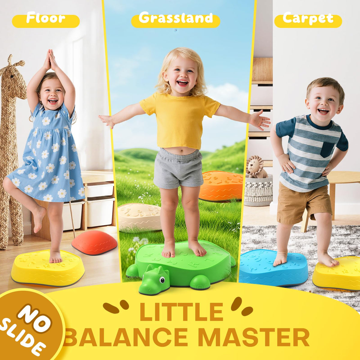 Interactive Dinosaur Stepping Stones for Kids | 6-Piece Balance Set with 3 Wooden Activity Dice (Emotion, Action, Color)